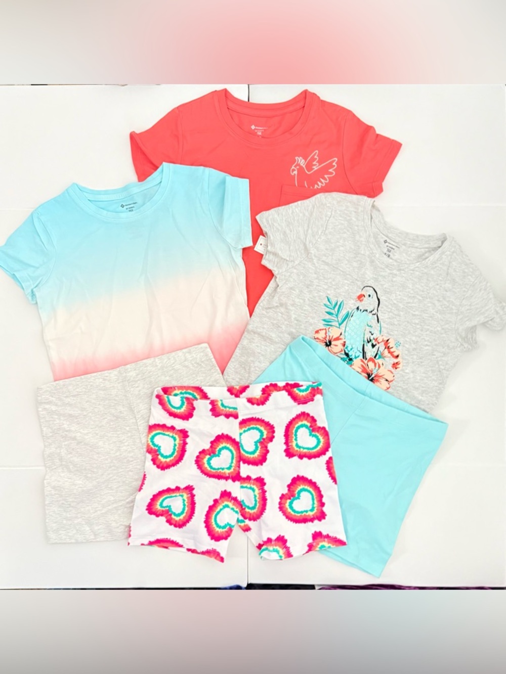 Girls set of 6 t-shirt and shorts - Coral, Aqua & Gray! New tagless. Size 7/8